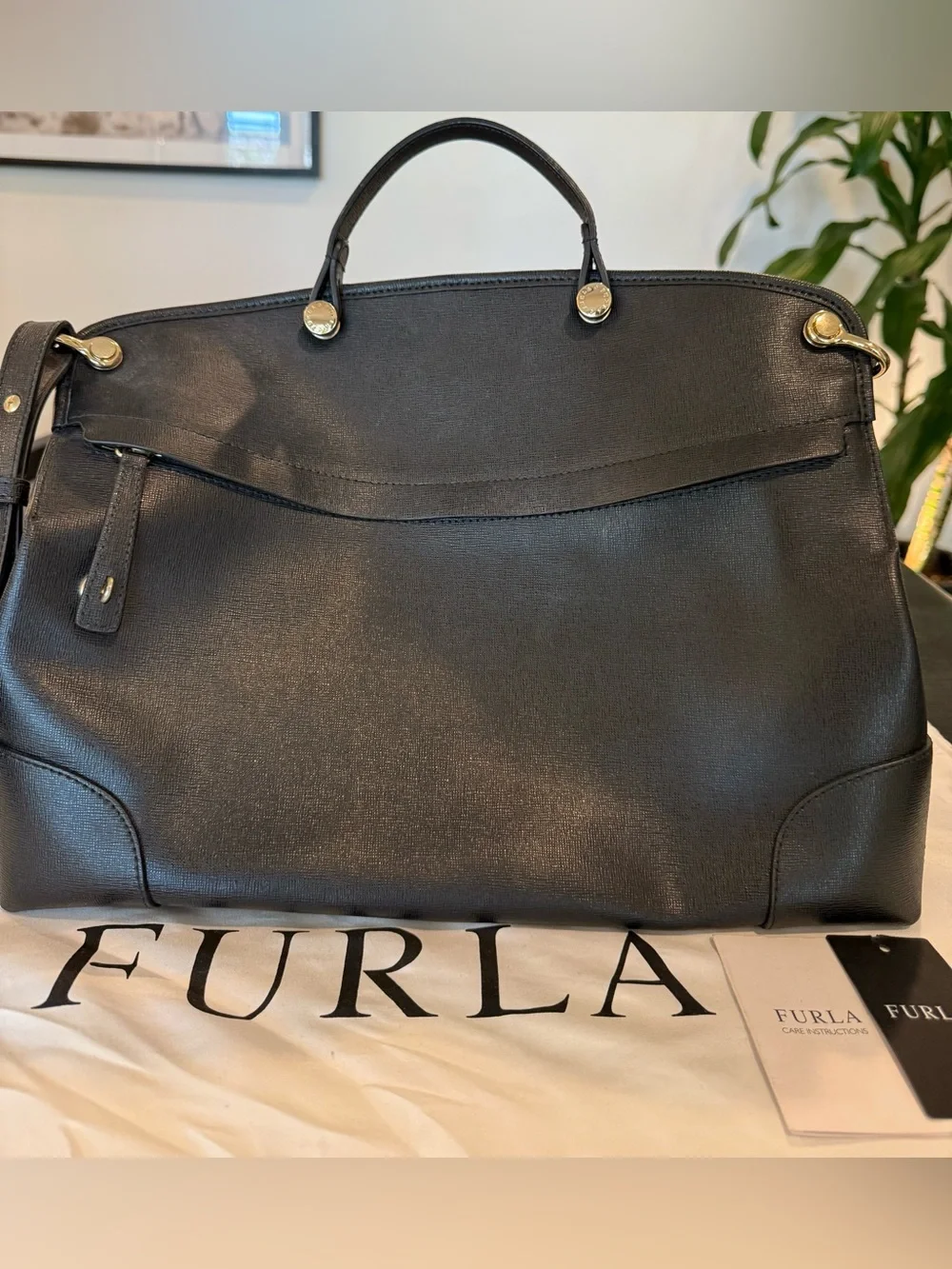 FURLA Piper Convertible Large Satchel Saffiano Leather Bag Black Gold EUC